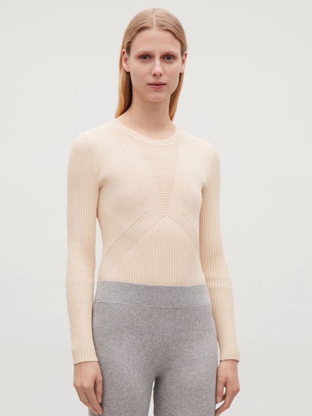 NWT COS Ribbed Long Sleeve Body Cream Bodysuit with Sculpted Knit S